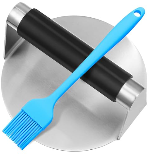 CIYODO Presse à Burger Rond Acier Inoxydable avec Poignée Silicone et Brosse à Badigeonner BBQ Presse Viande Polyvalente pour Grillades et Steak Haché Couleur Aléatoire Couleur Aléatoire