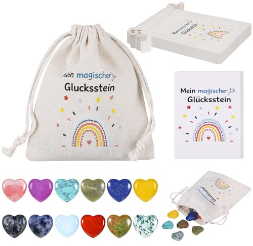 Huiguli 12er Glückssteine für Kinder mit Jutesäckchen und Kärtchen | Mitgebsel für Kindergeburtstag, Taufe oder Einschulung - Glücksbringer und Mutmacher als Gastgeschenk Schultüte