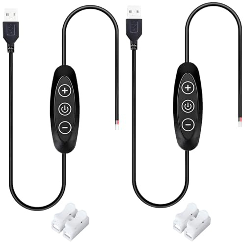 Youmile 2 pz 5V USB Dimmer Switch Nero 3 pulsanti 10 livelli di luminosità 10% a 100% con funzione di memoria Interfaccia di uscita cavo rosso e nero con terminali a crimpare per luci LED monocolore