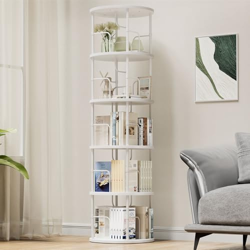 Flycity 360° Drehbares Bücherregal aus Holz, Standregal mit 5 Verstellbaren Ebenen, 45×45×160 cm, Weiß, Ideal für Bücher und Deko