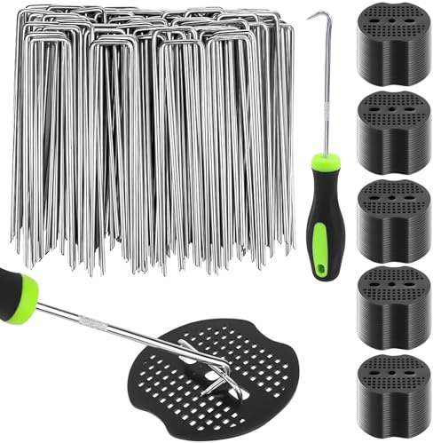 PQETBV Unkrautvlies Haken, 100 U-förmige Erdanker (150x40mm, Ø2,5mm) + 100 Pufferscheiben, Heringe Erdnägel Stabil Set für Garten, Rasenkanten, Camping, Gemüsebeet & Rohrbefestigung