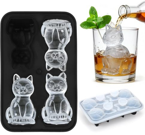 Eiswürfelform Silikon 3D, Silikonform Katze Lustige Eiswürfel Form mit Deckel, 4-Fach Eiswürfel Silikonform Groß für Cocktail Whisky Kaffee Obst Wein Party Katzen Deko Geschenk Cat