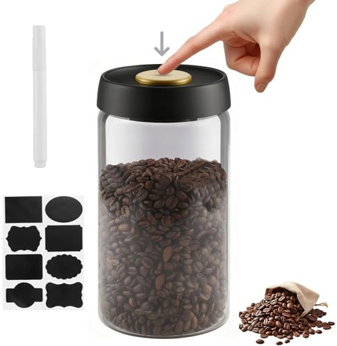 Foymlon Bote Hermetico para Cafa en Grano 1,8 L, Recipiente de Vidrio con Tapa Negra y Boton Dorado de Vacio, Recipiente Café para Guardar Como Lata Aromática, Café, Té, Nueces y Reservas
