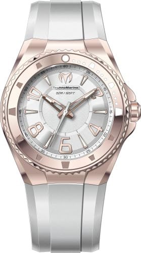 TechnoMarine Lusso Mare Men - Reloj de cuarzo PC21 de acero inoxidable de 44 mm, color oro rosa, blanco y plateado