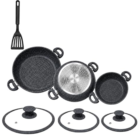 VKZ Set Pentole e Padelle 3 Pezzi, 3 Padelle Antiaderenti con 3 Coperchi in Vetro + 1 Utensili da Cucina, Rivestimento Antiaderente, Manici Ergonomici, Adatte a Gas e Induzione(Nero)