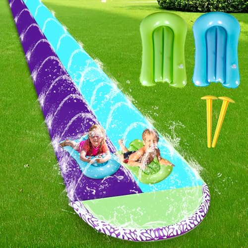 DAJASD Wasserrutsche Garten für Kinder, 6.1*1.4M Aufblasbare Wasserrutsche mit 2 Bodyboards, Doppelte Wasserrutsche mit Eingebautem Sprinkler, Wasserspielzeug für Kinder Erwachsene Outdoor - Blau+Lila