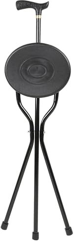 Sitzstock Gehstock, WALKMAN, Fritzgriff mit Messing- Schmuckring, Dreibeinsitz mit Sitzfläche, Sitzhöhe 56 cm, Gehhöhe 95 cm, inklusive rutschfesten Gummipuffern