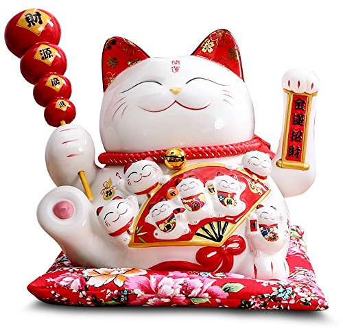 Maneki Neko Glückskatze aus Keramik, groß, mit zuckerbeschichteten Haws auf einem Stab, tolles Geschenk für Geschäftseröffnung, Feng Shui Dekor, zieht Reichtum und Glück an.