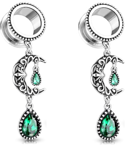 Pierced Owl Vintage Filigree Moon Dangling Vibrant Green Stone Set Flesh Tunnel Plugs, Sold as Pair (12mm (1/2))