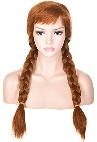 Morvally Damen Hellbraune Perücken mit zwei langen geflochtenen Pigtails für Frau Cosplay Halloween Kostüm Party