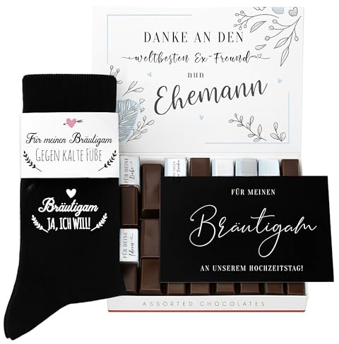 Geschenkset für den Bräutigam – Socken (EU 40–45), personalisierte Aufkleber für Merci Schokolade & Postkarte – Hochzeitsgeschenk mit Humor & Herz