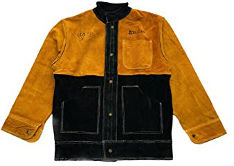 ELCAN Professional gelbe und schwarze flammhemmende hitzebeständige Schweißerjacke aus Leder, Arbeitskleidung für Elektrodenschweißen, WIG, MIG, MAG, Grillen, Kamine, Öfen... (Größe L)