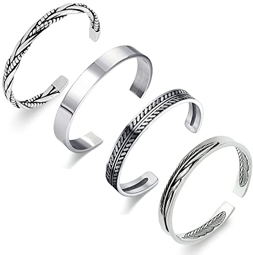 RIOSO 4Pcs Men's Cuff Bracelets Cuff Bracelet Leaves Pattern Twisted Open Cuff Bracelet