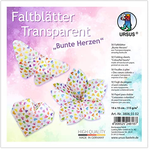 Ursus 38065502 - Transparentpapier-Faltblätter Bunte Herzen, 50 Faltblätter 15 x 15 cm, einseitig bedruckt, zum Basteln und Falten von Figuren, Sternen und Fensterbildern