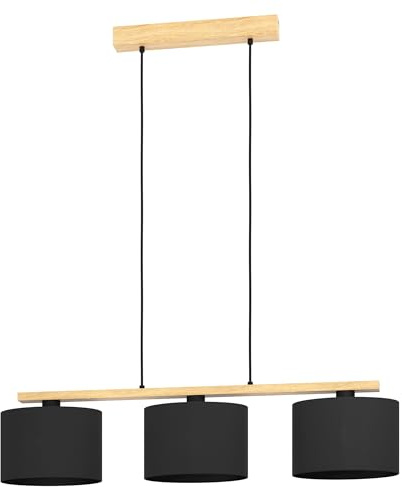EGLO Pendelleuchte Esstisch Castralvo, 3-flammige Hängelampe | für Wohnzimmer und Esszimmer, Esszimmerlampe aus Holz und Textil in schwarz, FSCM70HB, Lampe hängend mit E27 Fassung