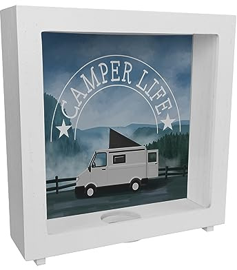 Camper Life mit Campervan Rahmen Spardose aus Holz Sparbüchse für das Vanlife Leben in Freiheit und in der Natur unterwegs mit dem Campervan sparen Reisen um die Welt