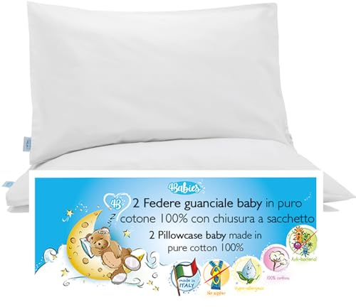 4BABIES - Funda de Almohada 50x30 cm para niño- Juego de 2 Fundas de Cojines para Cuna Bebe 100% Puro Algodón Fabricado en Italia - Cierre de sobre - Certificado Oeko-Tex - BLANCO