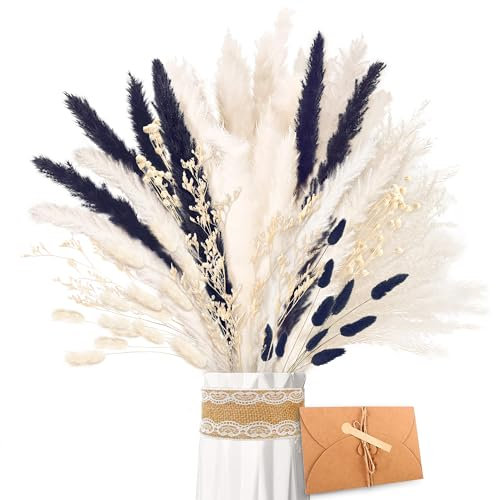 ZJTAPE Pampas Secas Decoracion - Hierba Natural de Pampas Secas, Hierba de Pampa Negro Blanca Frondas Esponjosas, Ramo de Flores secas para Mesa de Boda, decoración del hogar Boho