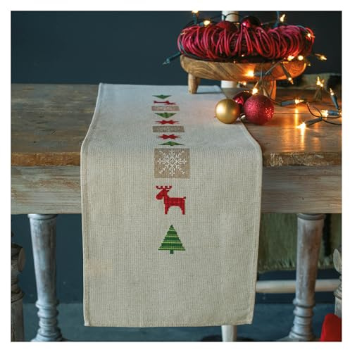 Vervaco Stickpackung Tischläufer Zählmusterpackung Kreuzstich Karierte Weihnachtsbäume Stickläufer zum Selbersticken Stickset Weihnachten Kreativ Set für Erwachsene 29 x 102 cm Kreatives Geschenk