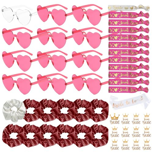 YeahBoom 49 Stück JGA Brille Team Braut Armbänder,Bride to Be Herz Brille Set,12Herz Sonnenbrille+12Bride Tattoo Aufkleber+12Bride Armband,Jungesellinnenabschied Frau Accessoires,JGA Deko Accessoires