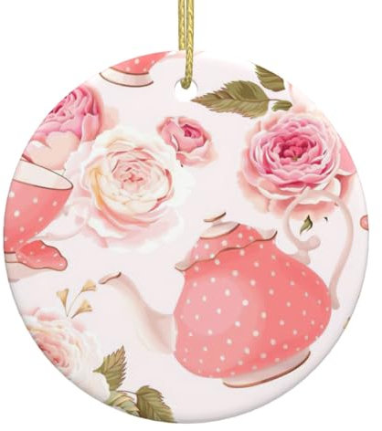 Double-Side Ceramic Crafts,Christmas Tree Decorations New Home Xmas Ornament for Holiday,Tea Cups with Roses Romantic Shabby