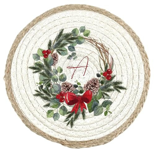 Sottopiatto Natale Tovaglietta Alimentare in Vimini a tema Natalizio Personalizzata con Iniziale Nome e Ghirlanda Idea Regalo Capodanno Befana Compleanno Colazione Pranzo Cena Merenda Casa Ufficio