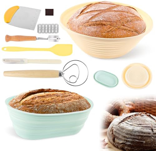 PBUSPU 2 Stück Gärkörbchen für Brotbacken, 9 Zoll 10 Zoll Silicone Gärkorb,Faltbarer Banneton Gärkorb Sauerteig-Starter-Set, Bäckermesser, Dänischer Schneebesen, Teigschaber und Stopfbürste