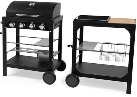 VonHaus Modular Gas Outdoor Kitchen Barbecue – Stainless Steel Food Grill & Food Preparation/Serving Cart – 4 Burner – Portable, Customisable, Interlocking