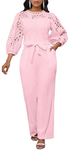 IWFEV Women's Jumpsuit Puff Sleeve Lace Jumpsuit Mid-Calf Short Sleeve Hollow Party Evening Romper with Pockets XXL Pink