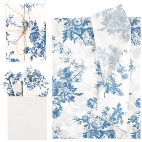 30 Stück Geschenkpapier Seidenpapier, 35 x 50 cm Verpackungs-Seidenpapier Geschenkpapier Pfingstrosen-Seidenpapierbögen für Geschenktütenverpackungen Hochzeit Geburtstagsparty (Blau)