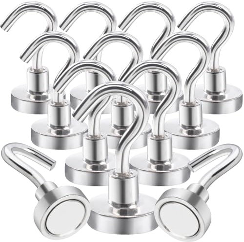 Aenienoe 12 Pack Magnetic Hooks Heavy Duty 24lb Strong Magnet with Hook for Hanging Neodymium Magnet Hooks for Cruise Cabin Kitchen Fridge Classroom Office Camping 16mm Silver
