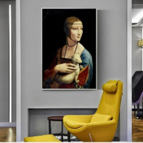 Die Dame mit dem Hermelin, Leinwandkunst, Gemälde, Reproduktionen an der Wand, berühmte Leinwandkunst, Wanddekoration für Wohnzimmer, Heimdekoration, 70 x 100 cm, rahmenlos