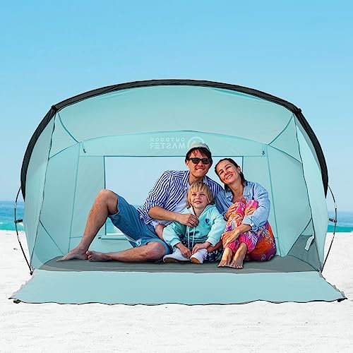 OutdoorMaster Strandzelt für 3-4 Personen - Einfacher Aufbau und tragbarer Strandschatten-Sonnenschutz Baldachin mit UPF 50+ UV-Schutz Abnehmbares Dachfenster Familiengröße - Grün