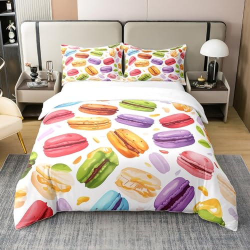 Homemissing Desserts 100% Coton Housse de Couette 220x240cm Beignets au Chocolat pour Enfants Parure de Lit garçons Filles Macaron Cookies Literie Set Lumineux et coloré Ensemble de lit
