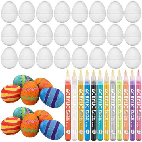 24 Stk Befüllbare Ostereier Bemalen aus Pappmaché für die Ostereiersuche Eier zum Bemalen mit 12 Acrylfarben Stifte Ostern Basteln für Kinder Easter Party Geschenktütenfüller Oster DIY Graffiti Spiel