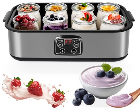 Yogurt Maker with 8 Glass Jars, 1400ml Electric Yoghurt Maker Machine with Led Display, Adjustable Temp & Timer, 8x180ml Glass Containers for Making Organic Yogurt, Natto, Healthy Homemade Desserts