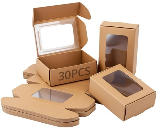 QWORK® 30 Stück Kraftpapierboxen mit durchsichtigem PVC-Fenster 85 x 60 x 30 mm, Geschenkverpackung für verschiedene Feiern