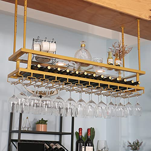 Rustic Hanging Wine Rack with LED Lights Glass Holder and Shelf Adjustable Metal Ceiling Bar Wine Glass Rack Industrial 2 Layer Ceiling Mounted Wine Bottle Holder Shelf