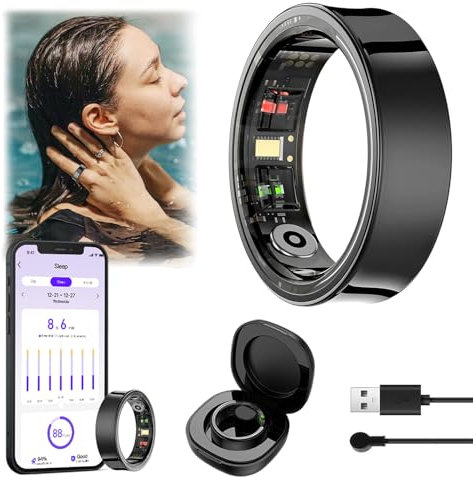 WIOONI Smart Ring Herren Damen mit Ladebox - Herzfrequenz SpO2 Monitor, Schlafanalyse, 100+ Sportmodi, IP68 Wasserdicht, Fitness Tracker Kompatibel mit Android/iOS (10, Schwarz)