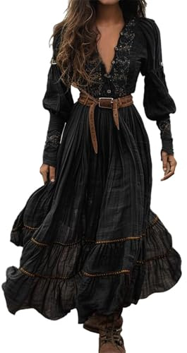 Vhersily Robe Longue Vintage Western pour Femme Automne Décontractée Large Manches Longues Col en V Style Country Robe Longue Évasée à Fleurs, Robe de Cocktail Ajustée Mère de la Mariée, pour Fête en