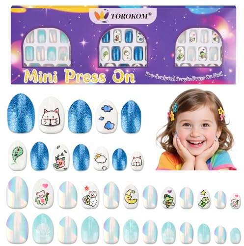 TOROKOM 72PCS Press on Nails for Kids, 3 Pack, Blue Bear Cat | Pre-glue Fake Nail for Kid Full Cover Kids Short Artificial False Nails Set with Sticky Adhesive Back for Girls 8-12 Years