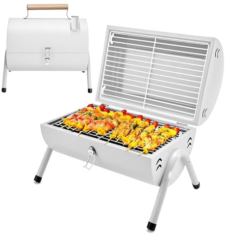 DOKKOME Barbecue portatile a carbonella, pieghevole, da campeggio, da giardino, per esterni, campeggio, escursioni, picnic, colore bianco