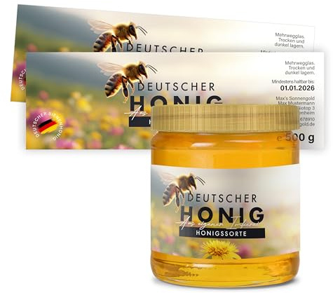 Honig Etiketten 500 g rechteckig selbst gestalten – ab 25 Stück – Honig Aufkleber personalisierbar, selbstklebend, ablösbar – Honigetiketten für Honiggläser – Bauchetiketten – (HONIG - 500 g - RE3)