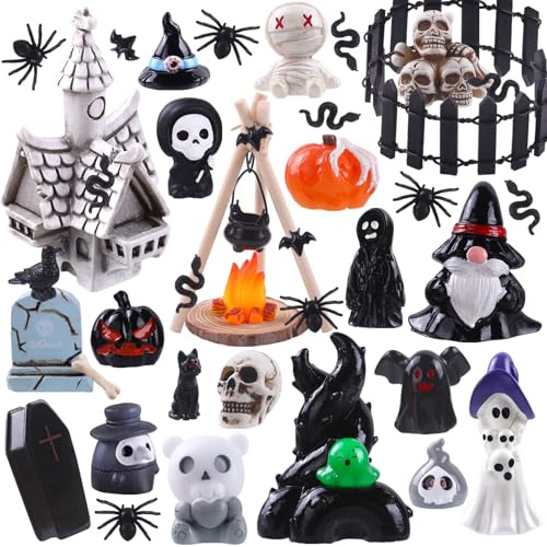 DTYDECLE 54 Stück Mini Harz Figuren Halloween, Kleine Harz Miniaturen Figuren Szene Village Accessoires für Halloween Party Garten Deko Geschenke