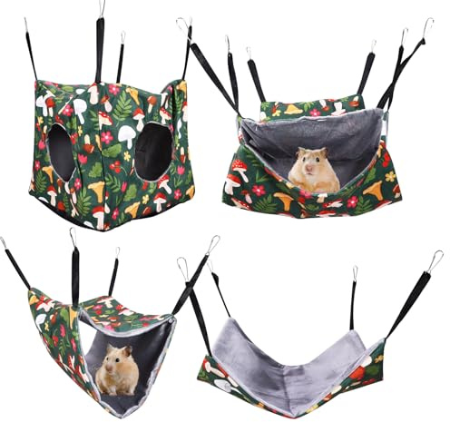 Jasfyee Hanging Pet Cage Hammock Four Piece Set, Washable Hammock House, Four Mushroom Themed Cat Hammock Bed, Suitable for Guinea Pigs, Sugar Gliders, Ferrets, Squirrels, and Chipmunks
