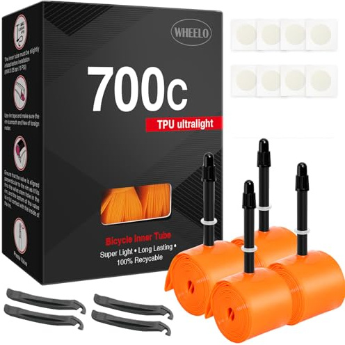 Wheelo Fahrradschlauch, TPU, 700 C × 18–32 C, leichter Rennradschlauch mit 45/65/85 mm Presta-Ventilen (inklusive 8-teiliges Fahrradschlauch-Reparaturset)