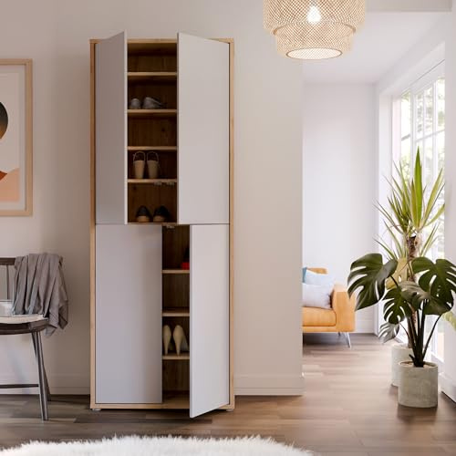 Forte Alice Springs Schuhschrank 70 80, Flurschrank mit 4 Türen und 8 Einlegeböden, Holzwerkstoff, Grau mit Artisan Eiche Holzdekor, 74,5 cm breit x 191,9 cm hoch x 34,9 cm tief