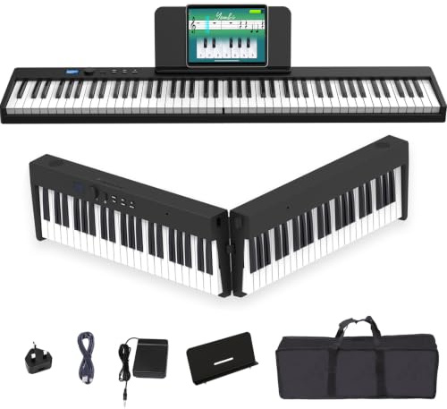 88 Key Foldable Piano Keyboard with Semi-Weighted Full Size Keys, Portable Digital Piano with Bluetooth MIDI & Rechargeable Battery, Travel Piano for Beginners, Students and Adults