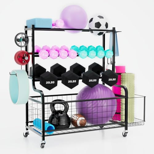 ztysn Hantelablage – Extra Stabiler Gewichtsständer für Zuhause & Fitnessstudio | Regal mit Rollen & Haken | Fasst Hanteln, Kugelhanteln, Yoga-Block + Matte | Fitness-Organizer