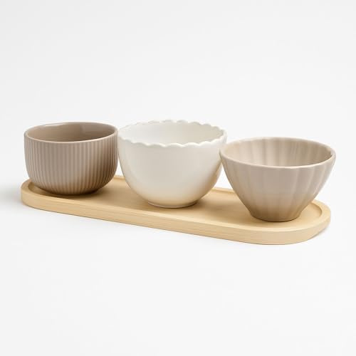 Murago - Servierset mit Bambustablett & 3 Keramikschalen - Dipschalen & Snackschalen in Naturtönen - Vorspeisenset für Tapas Snacks Fingerfood Dips Servierplatte modern für Küche & Gäste